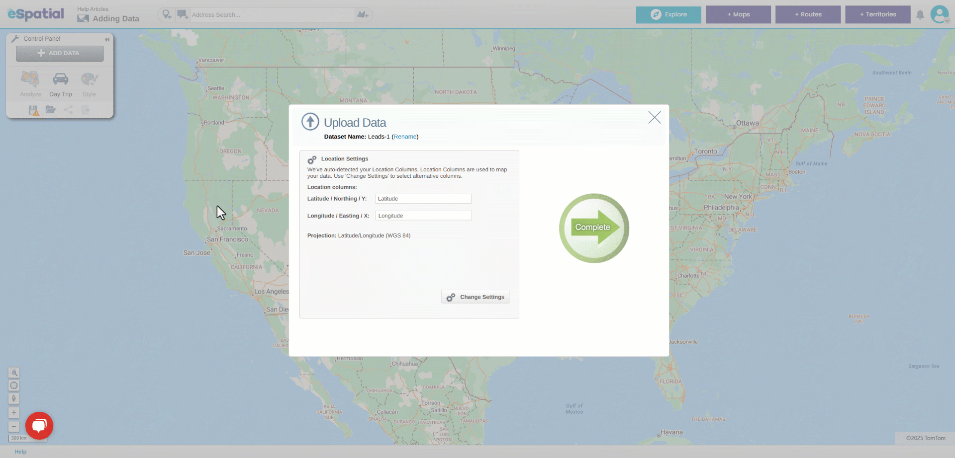 3. Adding data using coordinates - Upload data Window