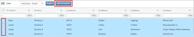 Add Exception territory table
