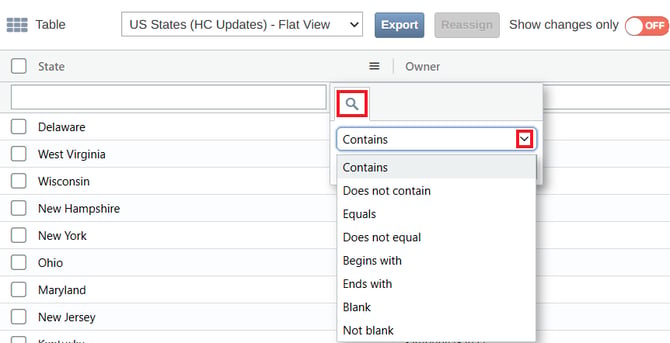 Searchor filter table